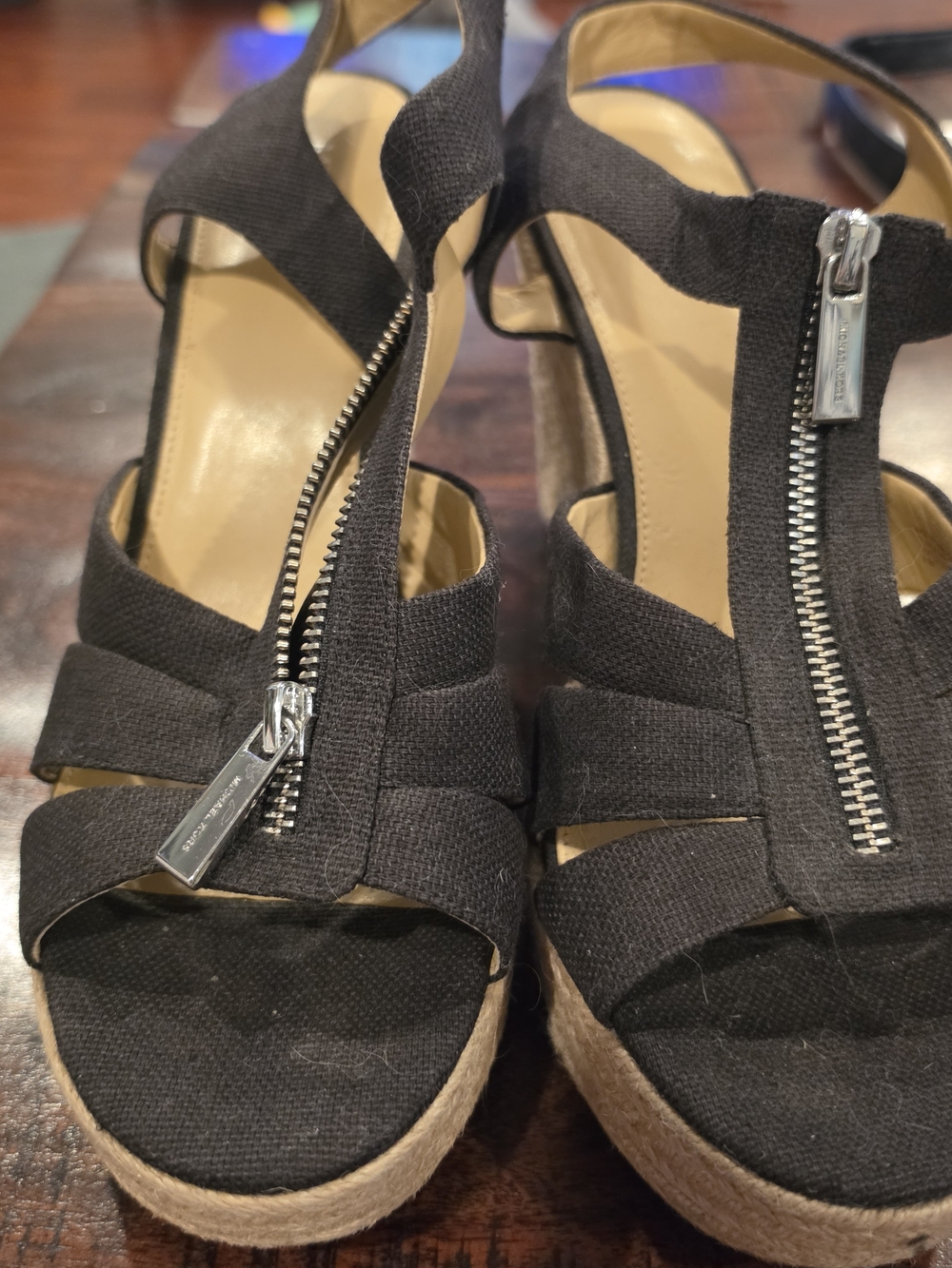 Michael Kors Black Espadrille Wedge Sandals with Front Zipper